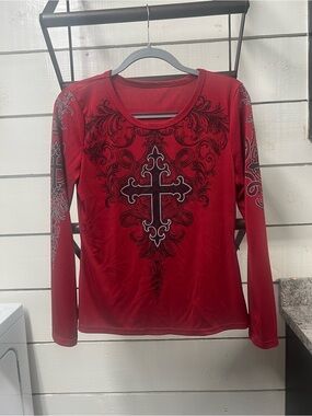 Women's Red Long-Sleeve Embellished Cross Tee
